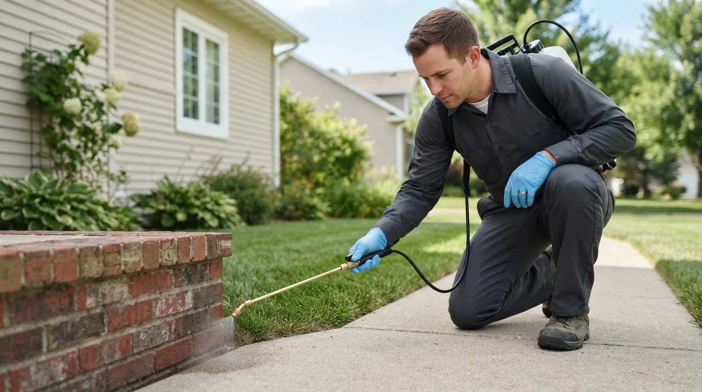 Pest control technician treating a home near Tiltonsville, OH