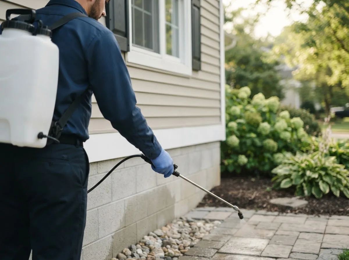 Pest control technician inspecting a home in Tiltonsville, OH
